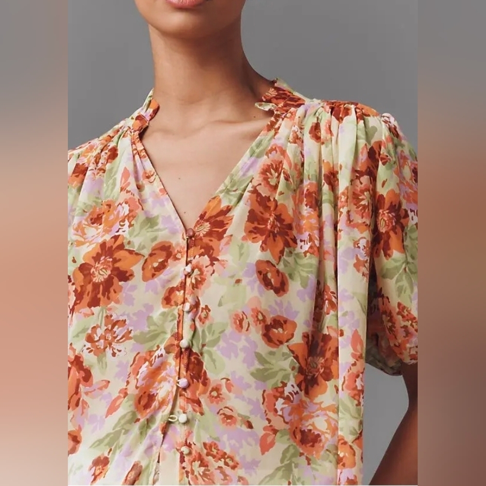 Anthropologie Estela Short Sleeve Sheer Floral Blouse - Picture 3 of 5